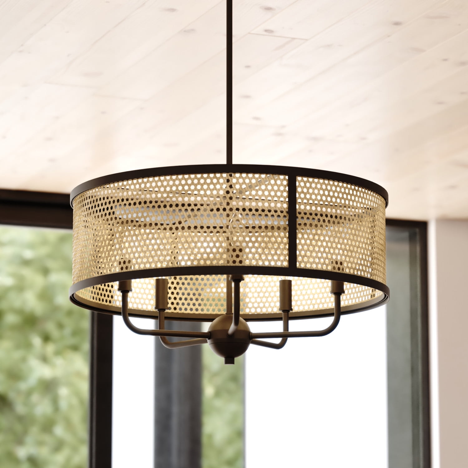 Matte Black and Rattan Drum Pendant Light Fixture