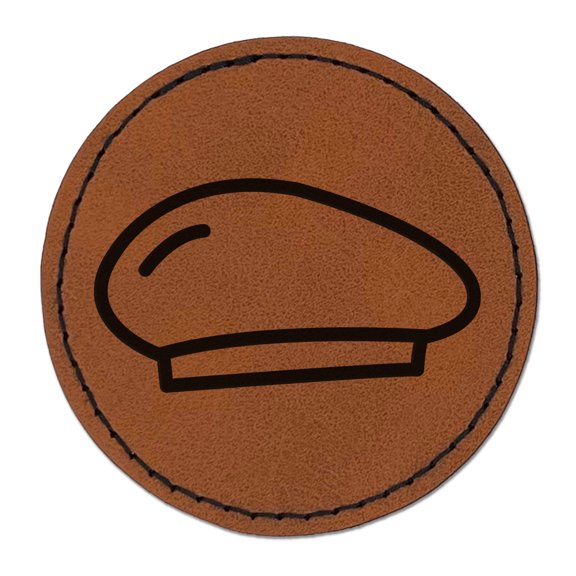 Beret Hat Doodle 2.5" Faux Leather Round Engraved Iron-On Patch - Brown