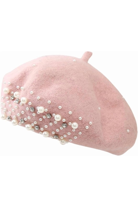 Beret Hat for Women, French Pearl Rhinestone Beanie Hat Winter Warm Adjustable Artist Cap 1pcs