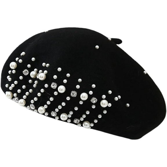 Beret Hat for Women, French Pearl Rhinestone Beanie Hat Winter Warm Adjustable Artist Cap 1pcs