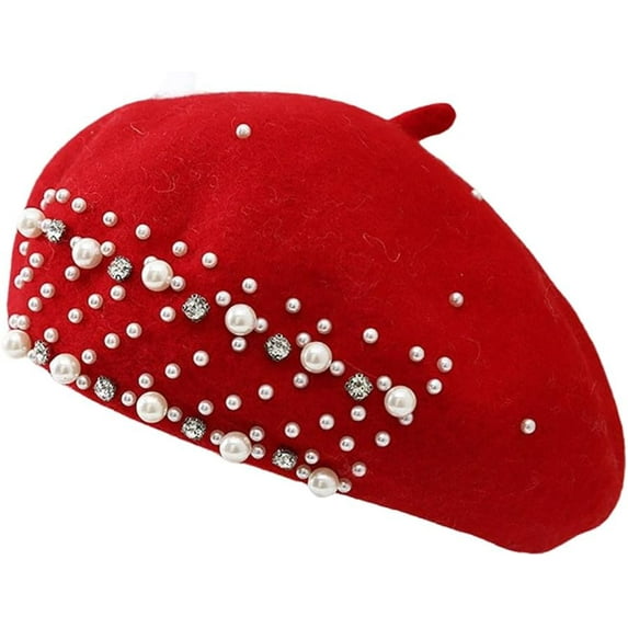 Beret Hat for Women, French Pearl Rhinestone Beanie Hat Winter Warm Adjustable Artist Cap 1pcs