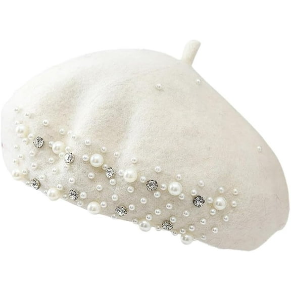 Beret Hat for Women, French Pearl Rhinestone Beanie Hat Winter Warm Adjustable Artist Cap 1pcs