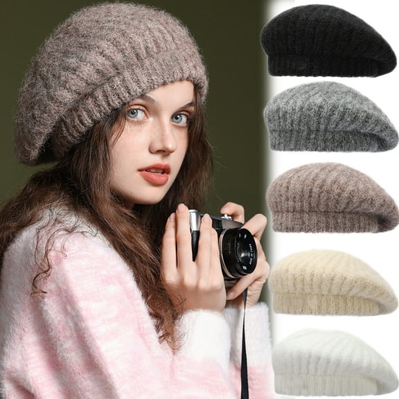 Beret Hat for Women, French Style Beanie Winter Fashion Warm Wool Lining Knit Cap