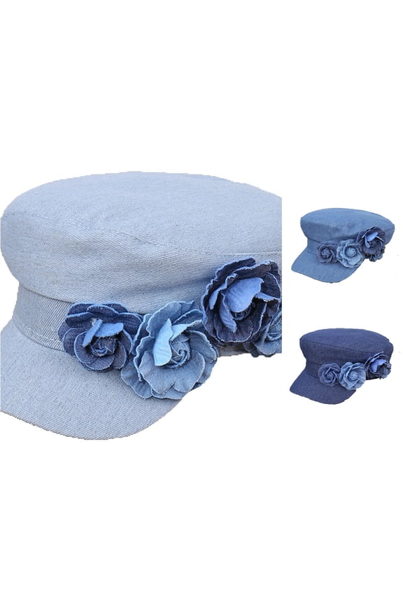 Beret Hat for Women - Summer Denim Flat Top Beret with Floral Classic French- Casual Headwear for Daily & Wear