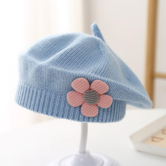 Beret Hats for Girls Cute Solid Floral Vintage Elegant French Artist Hat 3M-4Y Toddlers Kids Warm Knitted Fall Winter Painter Cap