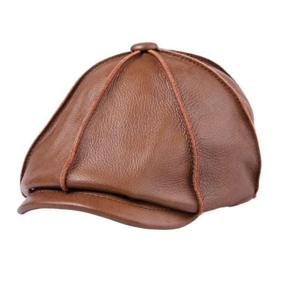 Beret Men Genuine Leather Newsboy Hat Earflaps Octagonal Cap Brown Male Brand Winter Warm Vintage Cowhide Leather Cap ,Durable Quality