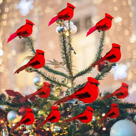 Berfutall-Cardinal Clip On Christmas Tree Ornament Decorations - Red Feathers Set of 12 Pieces Each is 2.8" Lon(A)