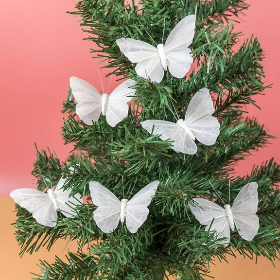 Berfutall- Feather Butterfly Decorations Set of 12 pcs White Craft Butterflies on Wire .Party Spring Home Decor Floral Pics