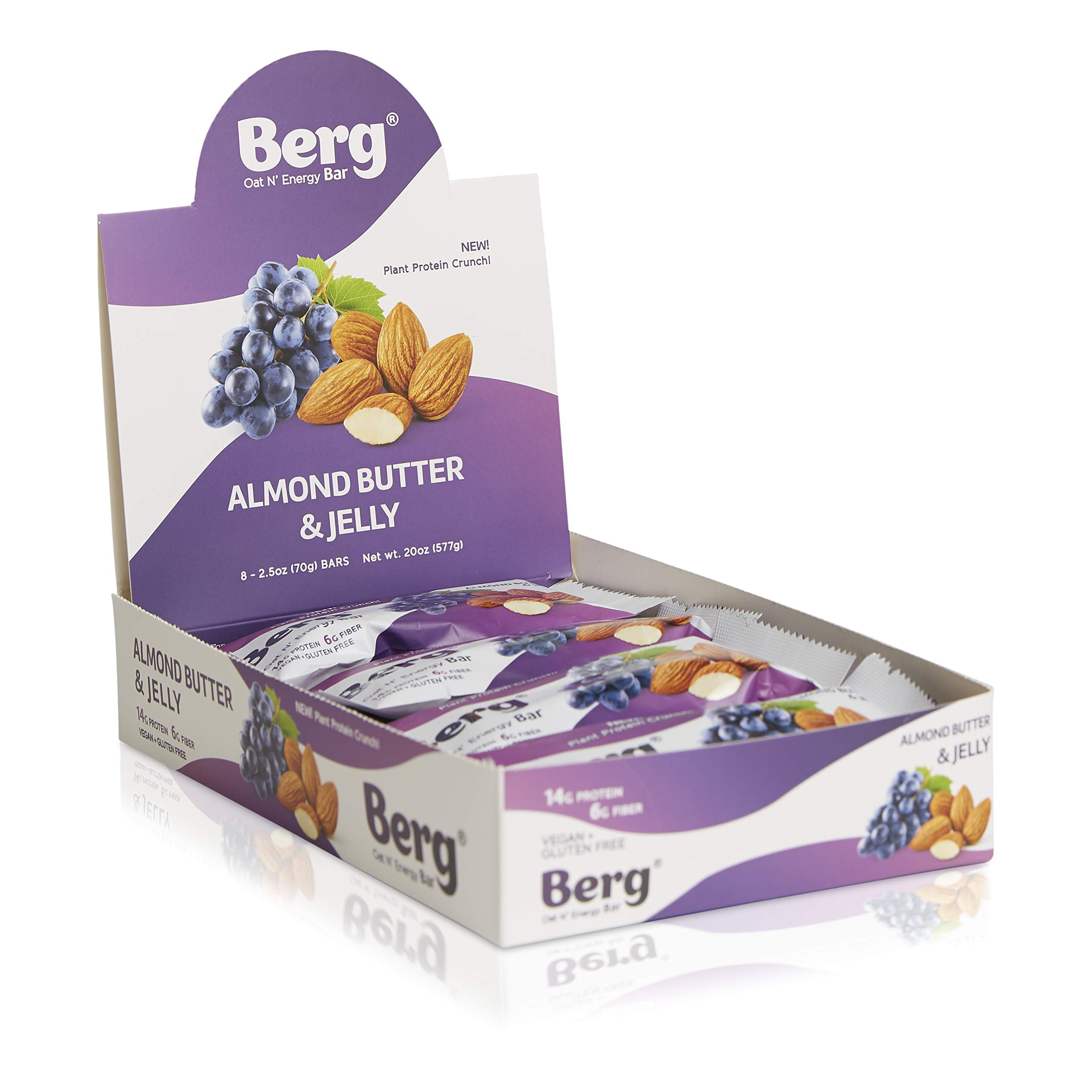 Berg Oat N' Energy Bar | Plant Based Protein Bar | Non-GMO, Gluten Free, Nut Free and Vegan | Low Sugar, Healthy Snack Bar | High Fiber | On The Go | 2.5oz, Pack of 8 (Almond Butter & Jelly)