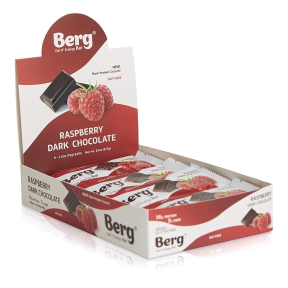 Berg Oat N' Energy Bar | Plant Based Protein Bar | Non-GMO, Gluten Free, Nut Free and Vegan | Low Sugar, Healthy Snack Bar | High Fiber | On The Go | 2.5oz, Pack of 8 (Raspberry Dark Chocolate)