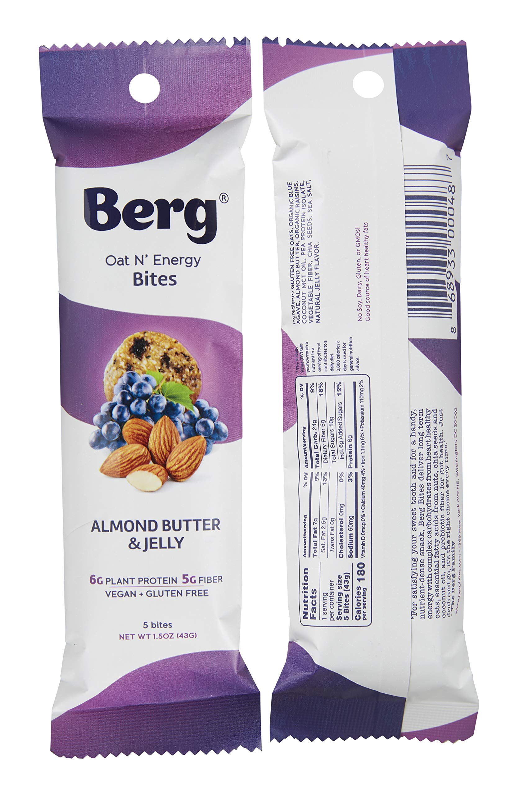 Berg Bites - Oat N' Energy Bites - Almond Butter & Jelly - Non-GMO, Gluten Free, Dairy Free, Soy Free and Vegan - Clean Energy Healthy Snack Bar - 1.5oz (8 Pack)