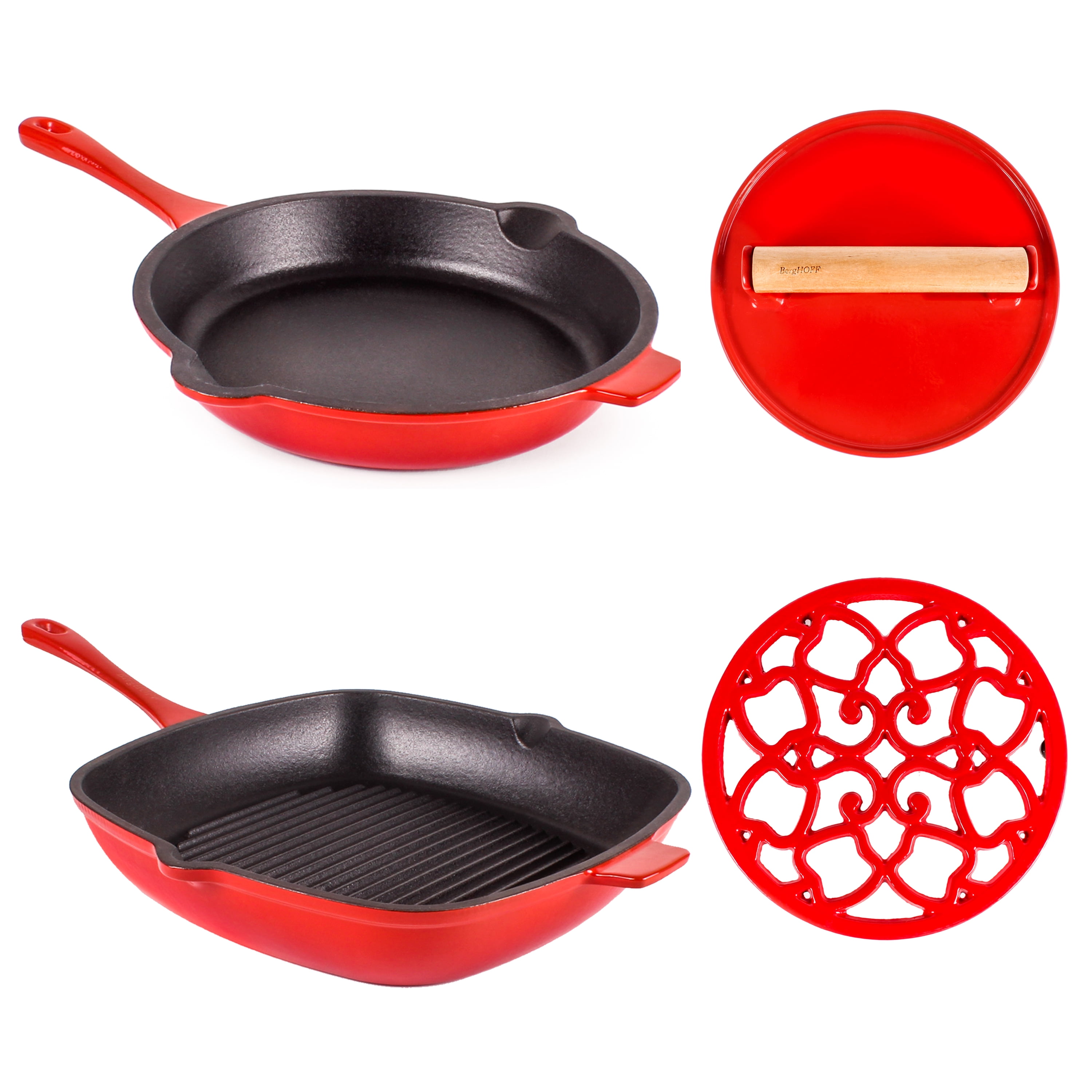 BergHOFF Neo 4pc Cast Iron Fry Pan & Grill Pan Set, Red