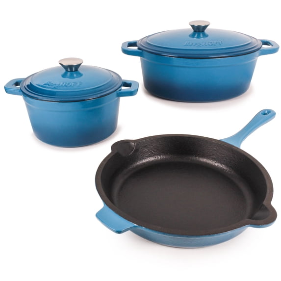 BergHOFF Neo 5pc Cast Iron Dutch Oven Set with 10" Fry Pan, 3qt. & 5qt., Blue