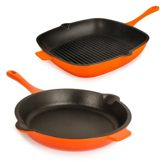 BergHOFF Neo 2pc Cast Iron 10" Fry Pan & 11" Grill Pan Cookware Set, Orange