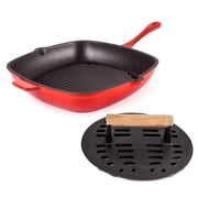 BergHOFF Neo 2pc Cast Iron 11" Grill Pan with Slotted Steak Press, Red