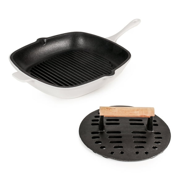 BergHOFF Neo 2pc Cast Iron 11" Grill Pan with Slotted Steak Press, White