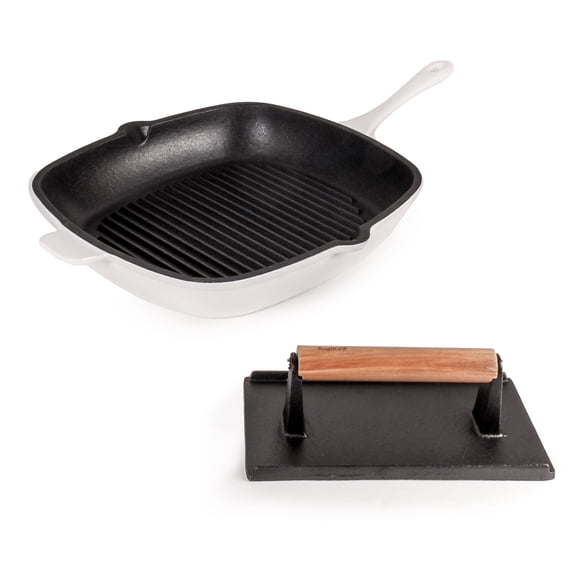 BergHOFF Neo 2pc Cast Iron 11" Grill Pan with Steak Press, White