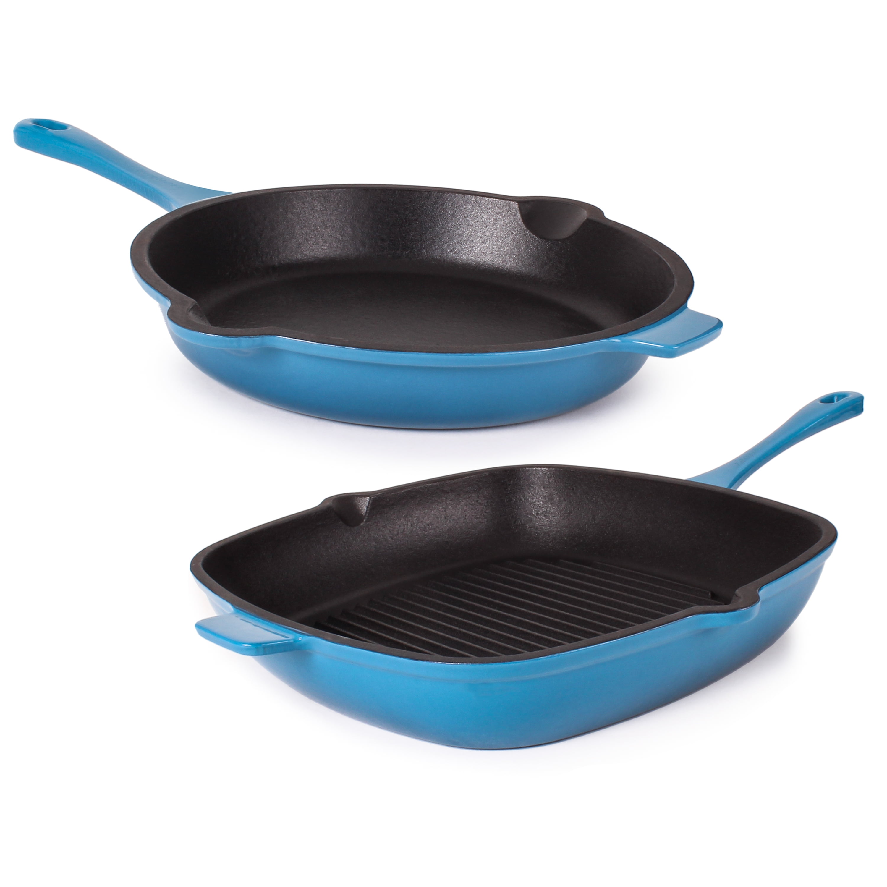 BergHOFF Neo 2pc Cast Iron 10" Fry Pan & 11" Grill Pan Cookware Set, Blue