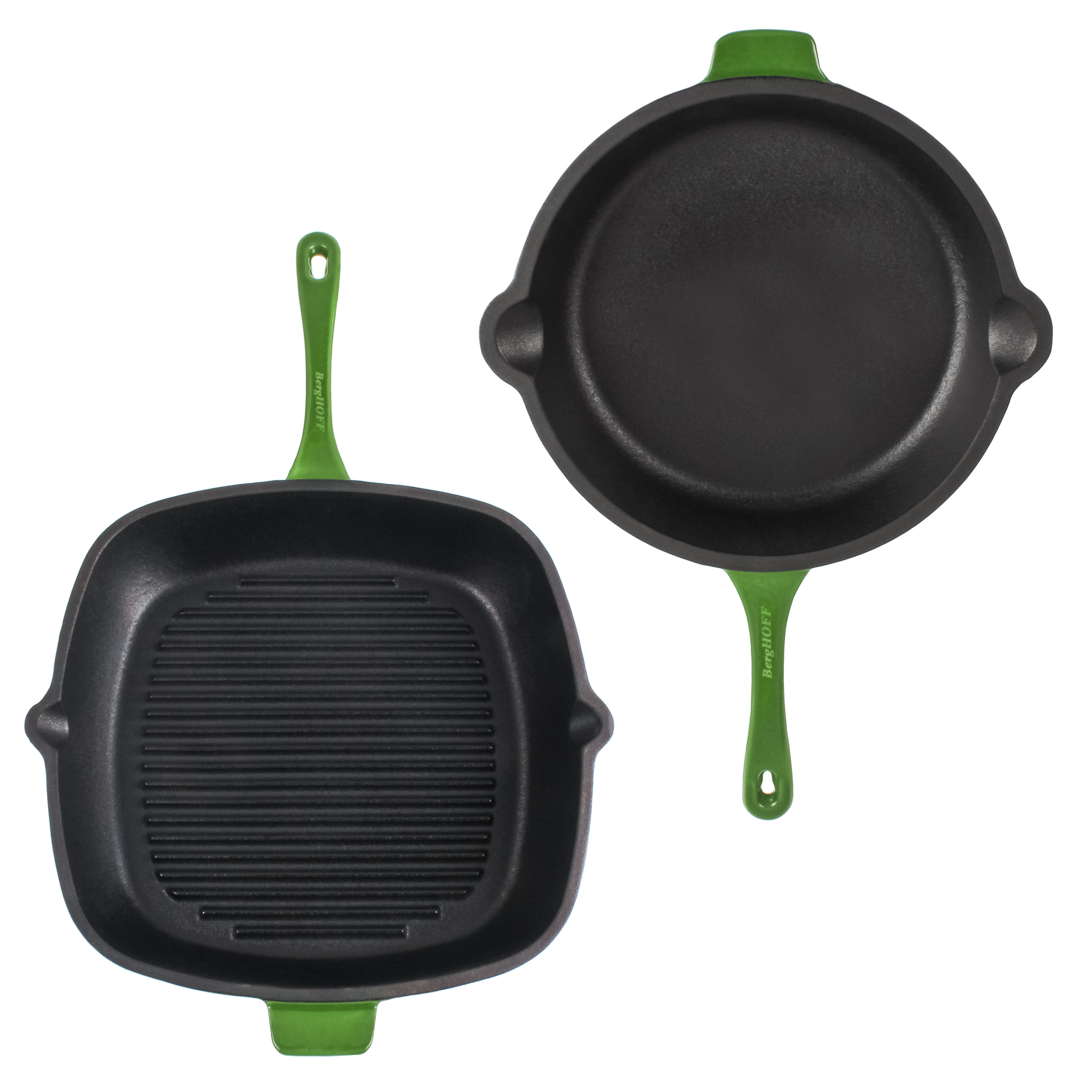 BergHOFF Neo 2pc Cast Iron 10" Fry Pan & 11" Grill Pan Cookware Set, Green