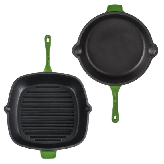 BergHOFF Neo 2pc Cast Iron 10" Fry Pan & 11" Grill Pan Cookware Set, Green