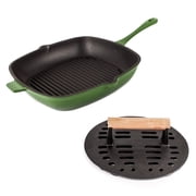BergHOFF Neo 2pc Cast Iron 11" Grill Pan with Slotted Steak Press, Green