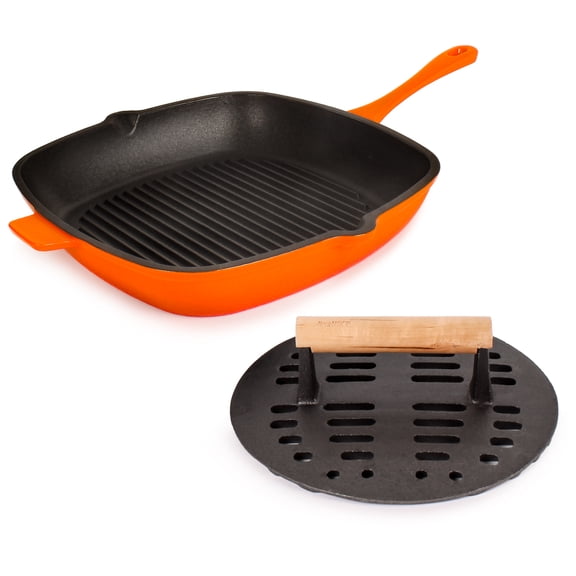 BergHOFF Neo 2pc Cast Iron 11" Grill Pan with Slotted Steak Press, Orange