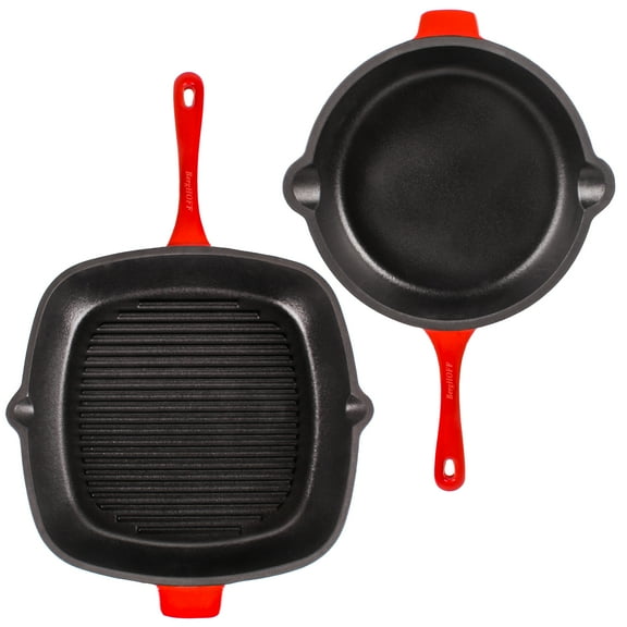 BergHOFF Neo 2pc Cast Iron 10" Fry Pan & 11" Grill Pan Cookware Set, Red