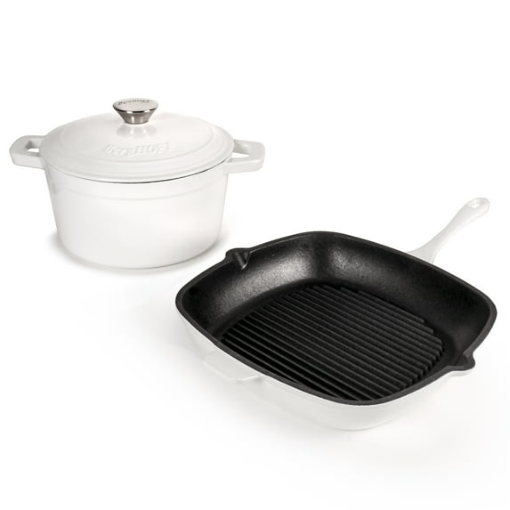 BergHOFF Neo 3pc Cast Iron Cookware Set, Grill Pan & Round Dutch Oven, White
