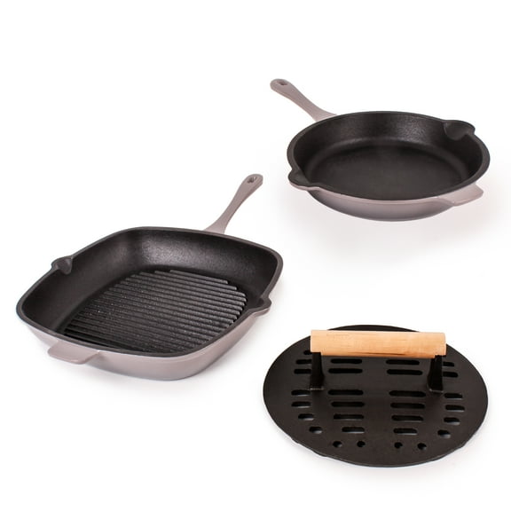 BergHOFF Neo 3pc Cast Iron Fry Pan & Grill Pan Set with Slotted Steak Press, Oyster