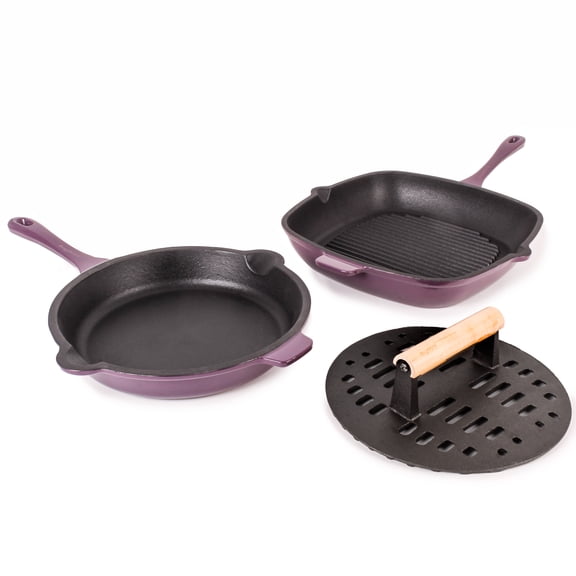 BergHOFF Neo 3pc Cast Iron Fry Pan & Grill Pan Set with Slotted Steak Press, Purple