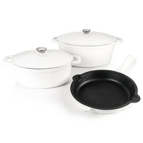 BergHOFF Neo 5pc Cast Iron Oval Dutch Oven Set with 10" Fry Pan, 5qt. & 8qt., White