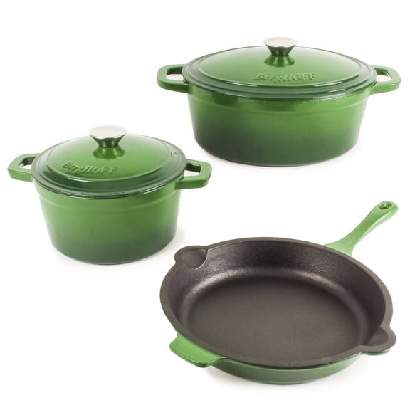 BergHOFF Neo 5pc Cast Iron Dutch Oven Set with 10" Fry Pan, 3qt. & 5qt., Green