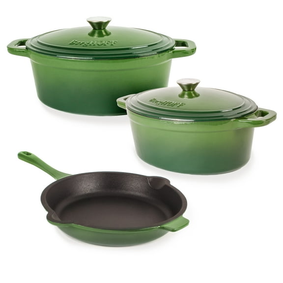 BergHOFF Neo 5pc Cast Iron Oval Dutch Oven Set with 10" Fry Pan, 5qt. & 8qt., Green