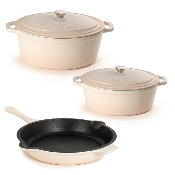 BergHOFF Neo 5pc Cast Iron Oval Dutch Oven Set with 10" Fry Pan, 5qt. & 8qt., Meringue