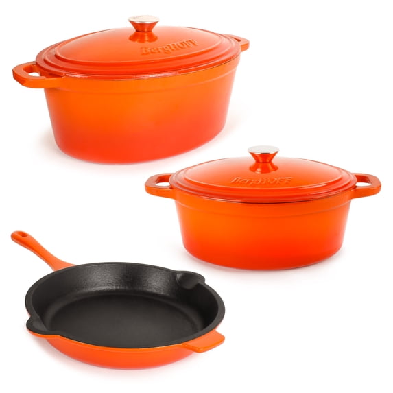 BergHOFF Neo 5pc Cast Iron Oval Dutch Oven Set with 10" Fry Pan, 5qt. & 8qt., Orange