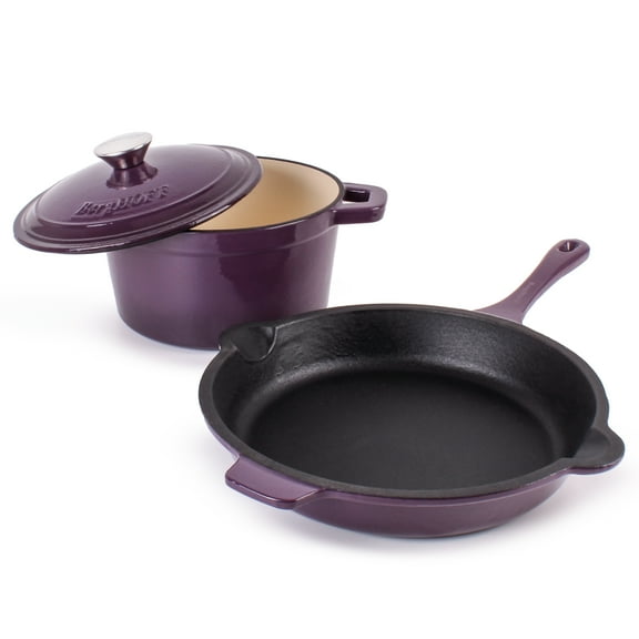 BergHOFF Neo 3pc Cast Iron Cookware Set, Fry Pan & Round Dutch Oven, Purple