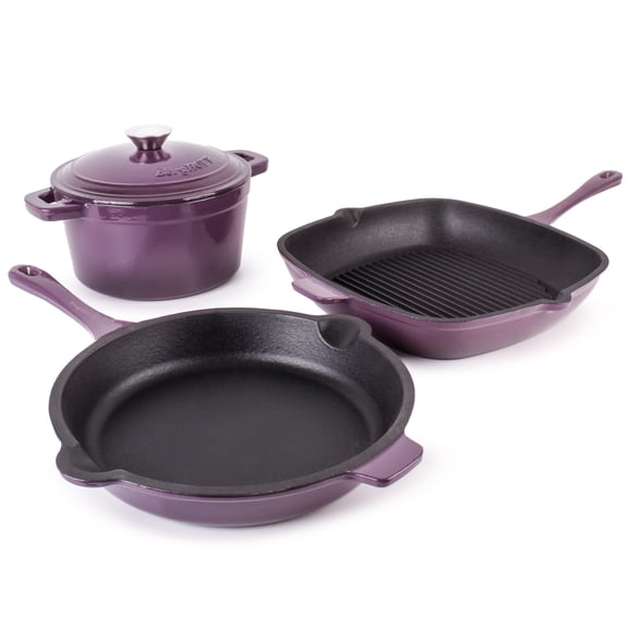 BergHOFF Neo 4pc Cast Iron Cookware Set, Fry Pan, Grill Pan & Round Dutch Oven, Purple