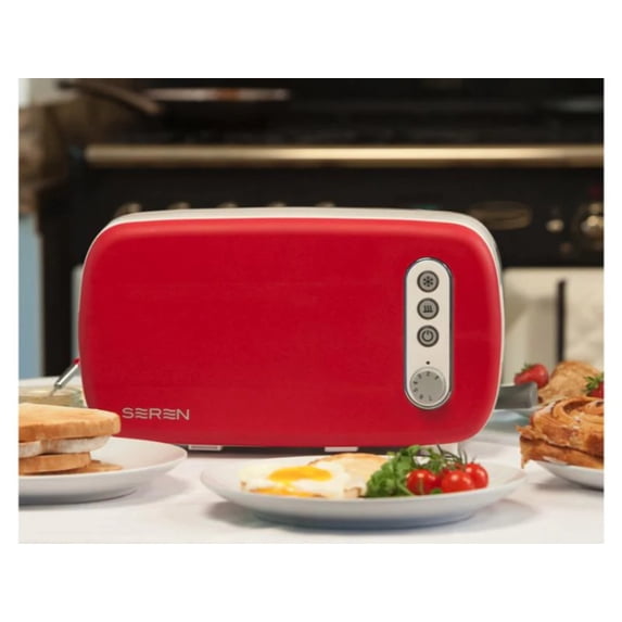 BergHOFF Seren Side Loading Toaster with Cool Touch Exterior and Removable Crumb Tray, with Red Front Panel/ Serving Tray