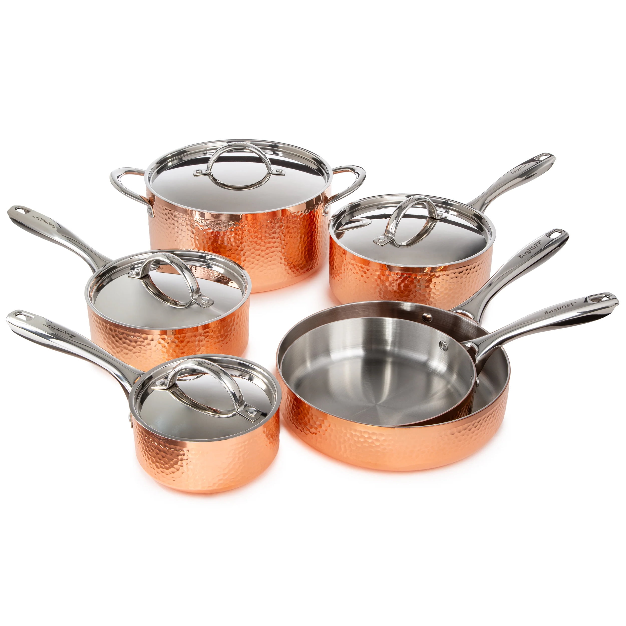 Vintage Hammered Copper and Stainless Steel 10-Piece Cookware Set
