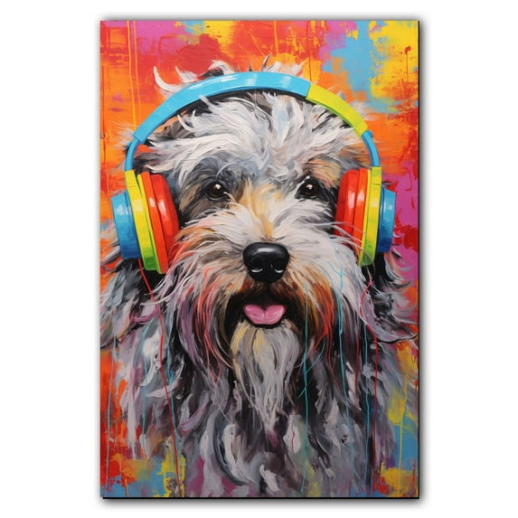 Bergamasco Sheepdog Wall Art - Funny Dog Canvas Canvas for Kids' Room 11x17inch - Colorful Puppy with Earphone Pictures Framed Ready to Hang