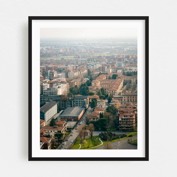 Over Bergamo 01 - Bergamo Lombardy Italy Photography Cityscape Architecture Skyline Travel Poster Italian Scenic Black Framed Wall Art Print 16 x 20 inches