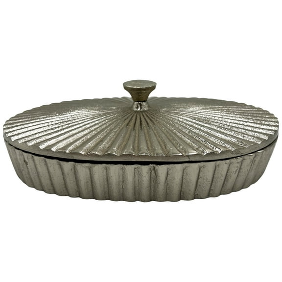 Bergamo Art 10" Wide Decorative Handmade Aluminum Oval Bowl with Cap in Nickel