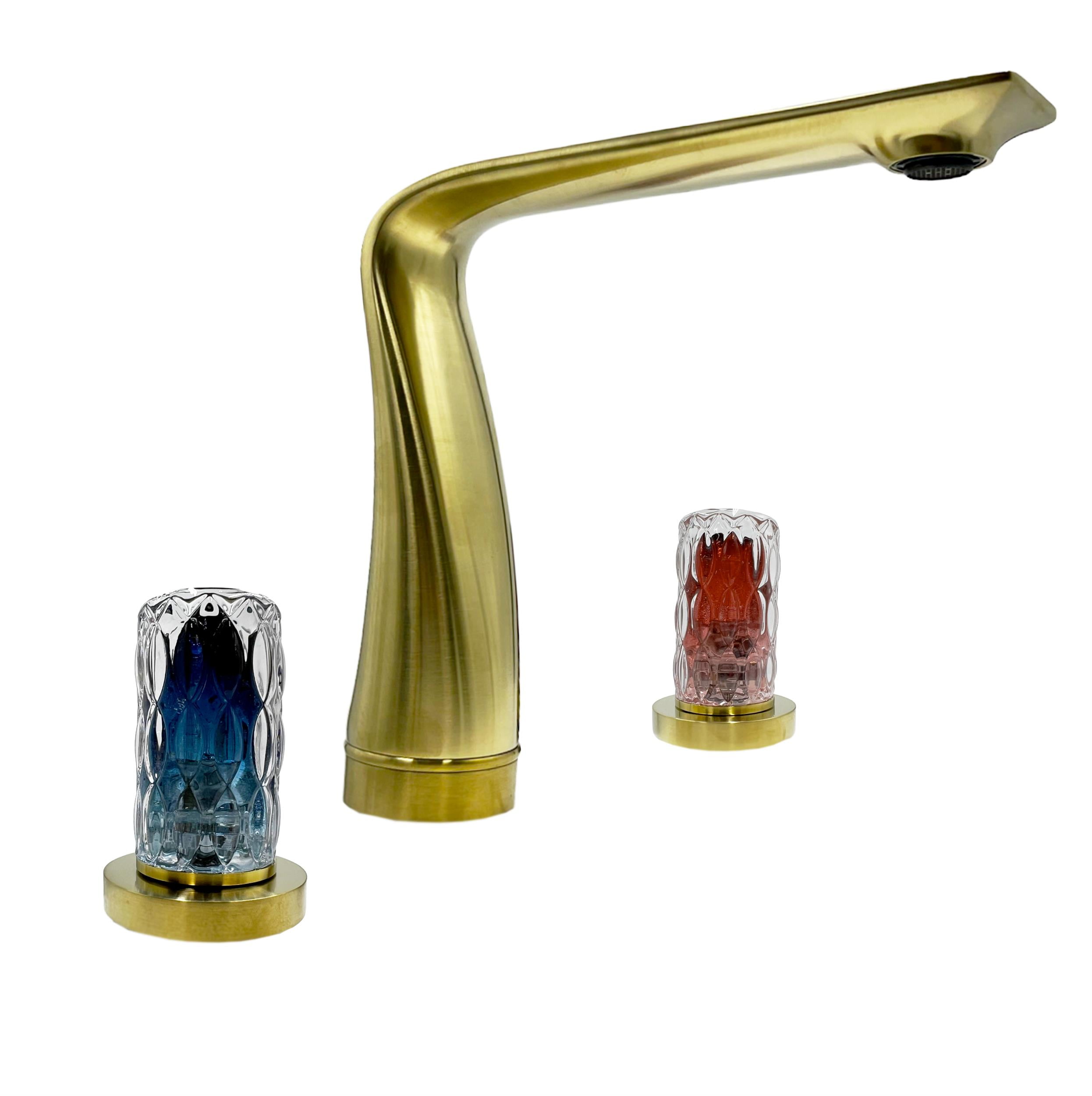 Gold Brass Bathroom Faucet with Red and Blue Glass Handles