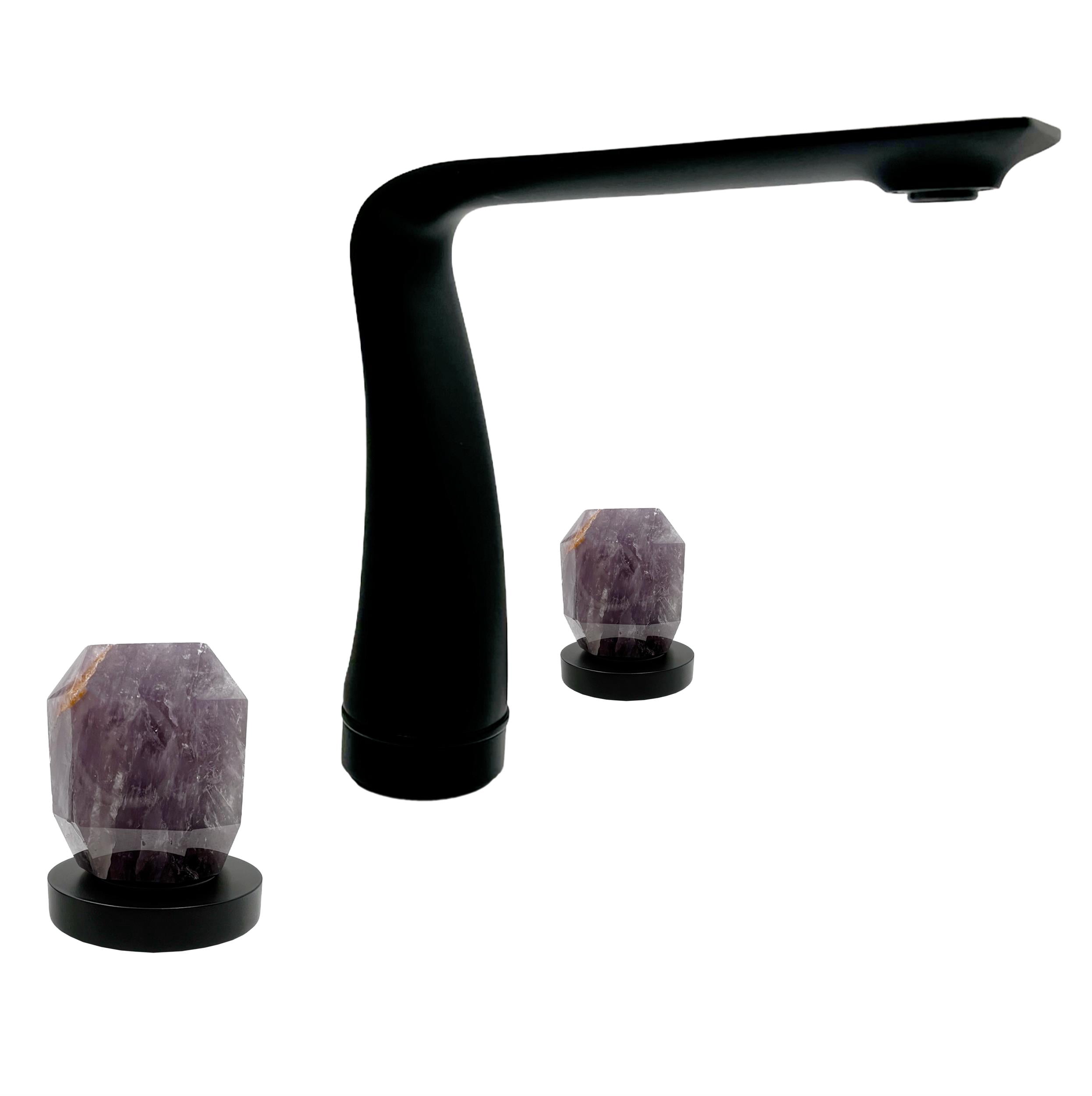 Bergamo Art Matte Black Brass Bathroom Faucet with Purple Amethyst Handles