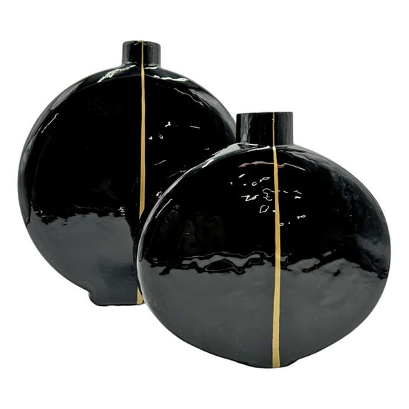 Bergamo Art Set of 2 13" Hand Blown Glass Modern Decorative Flower Vases Black
