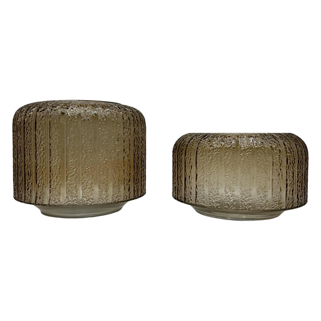 Set of 2 Brown Ribbed Hand Blown Glass Decorative Vases