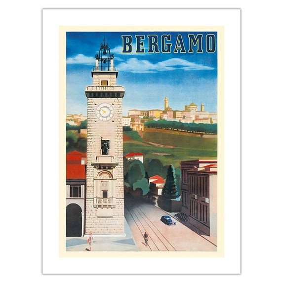 Bergamo Italy - Piazza Vecchia Clock Tower - Vintage Travel Poster c.1938 - Fine Art Matte Paper Print (Unframed) 24x32in