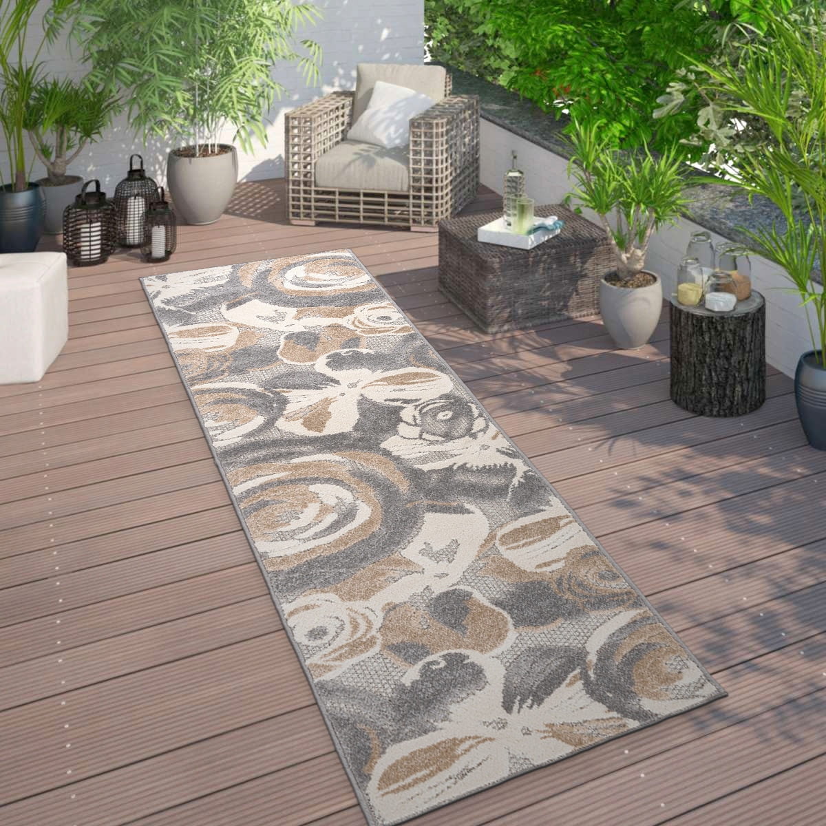 Bergamo Modern Floral Flowers Indoor/Outdoor Gray 2'x7' Runner Rug ...