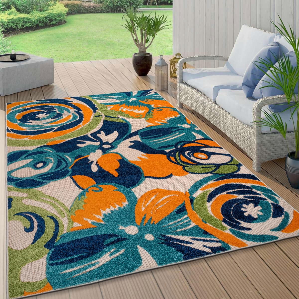 Multi Floral Synthetic 5' x 7' Stain-Resistant Area Rug