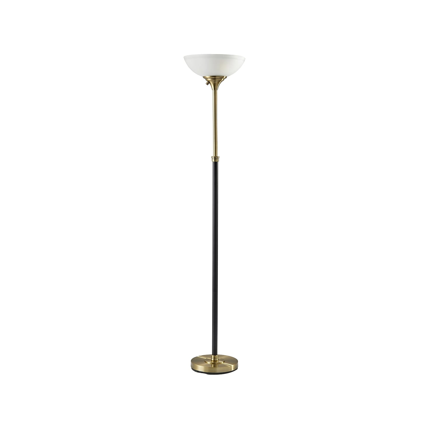 71" Black and Antique Brass Torchiere Floor Lamp with Frosted Glass Shade